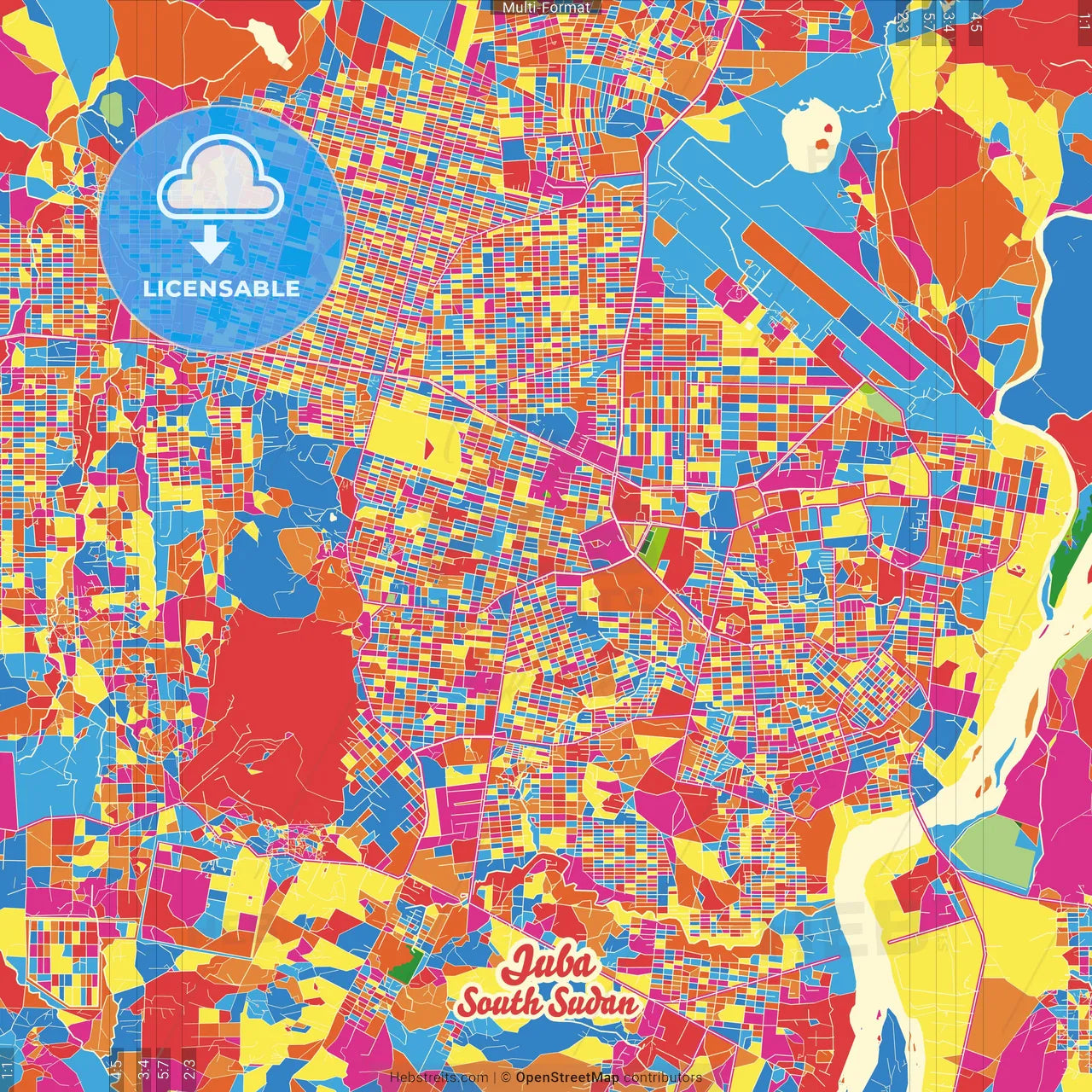 Juba, South Sudan Crazy Colorful Street Map Poster Template