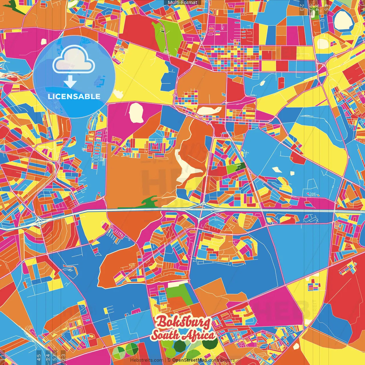 Boksburg, South Africa Crazy Colorful Street Map Poster Template