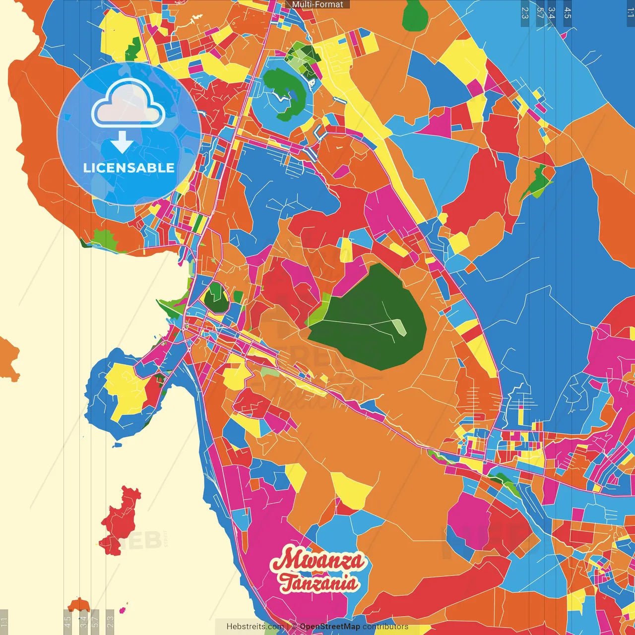 Mwanza, Tanzania Crazy Colorful Street Map Poster Template