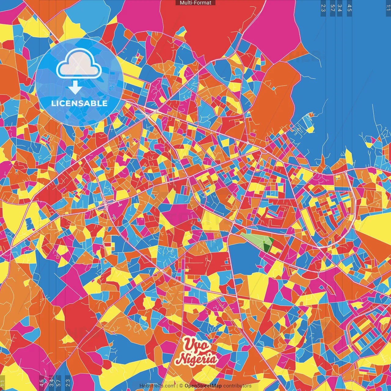 Uyo, Nigeria Crazy Colorful Street Map Poster Template