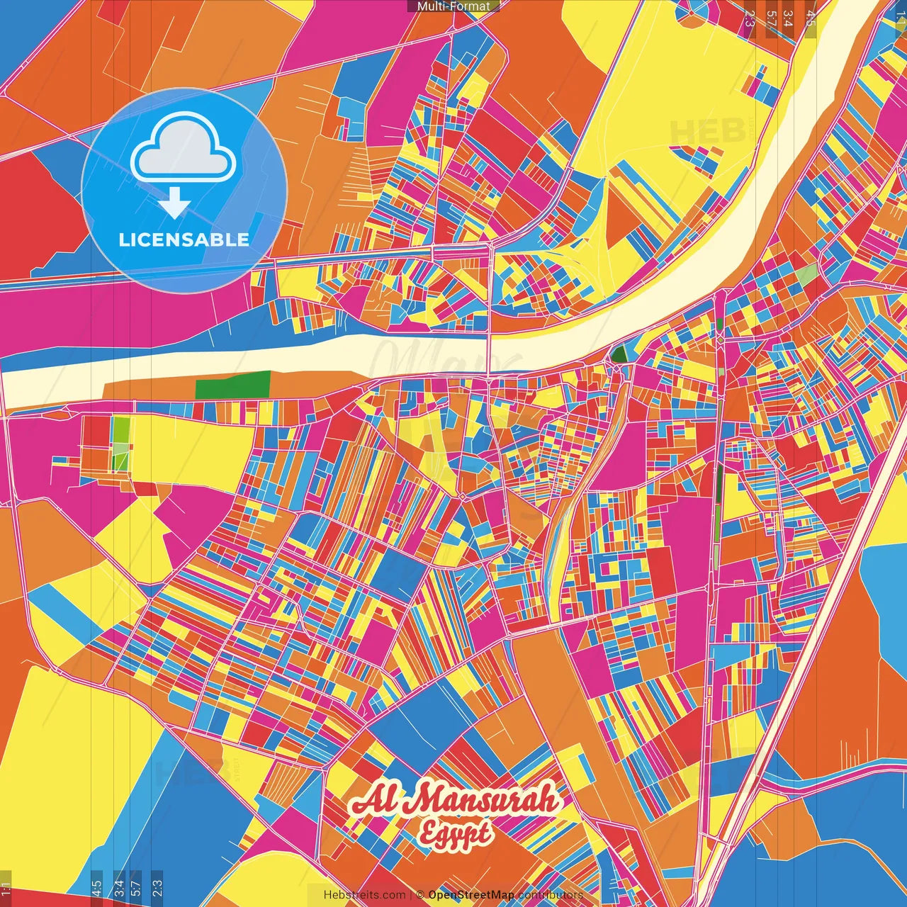 Al Mansurah, Egypt Crazy Colorful Street Map Poster Template