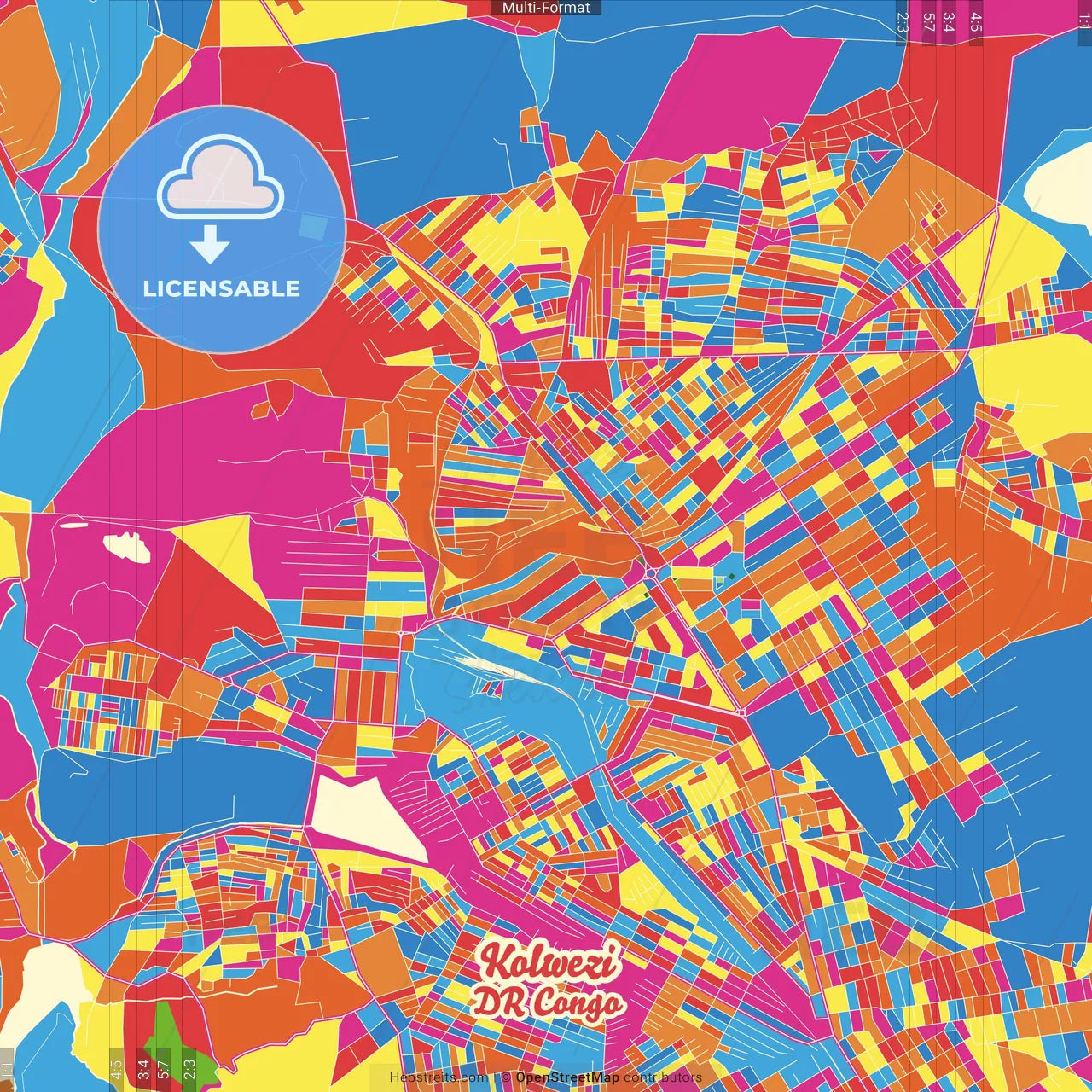 Kolwezi, DR Congo Crazy Colorful Street Map Poster Template