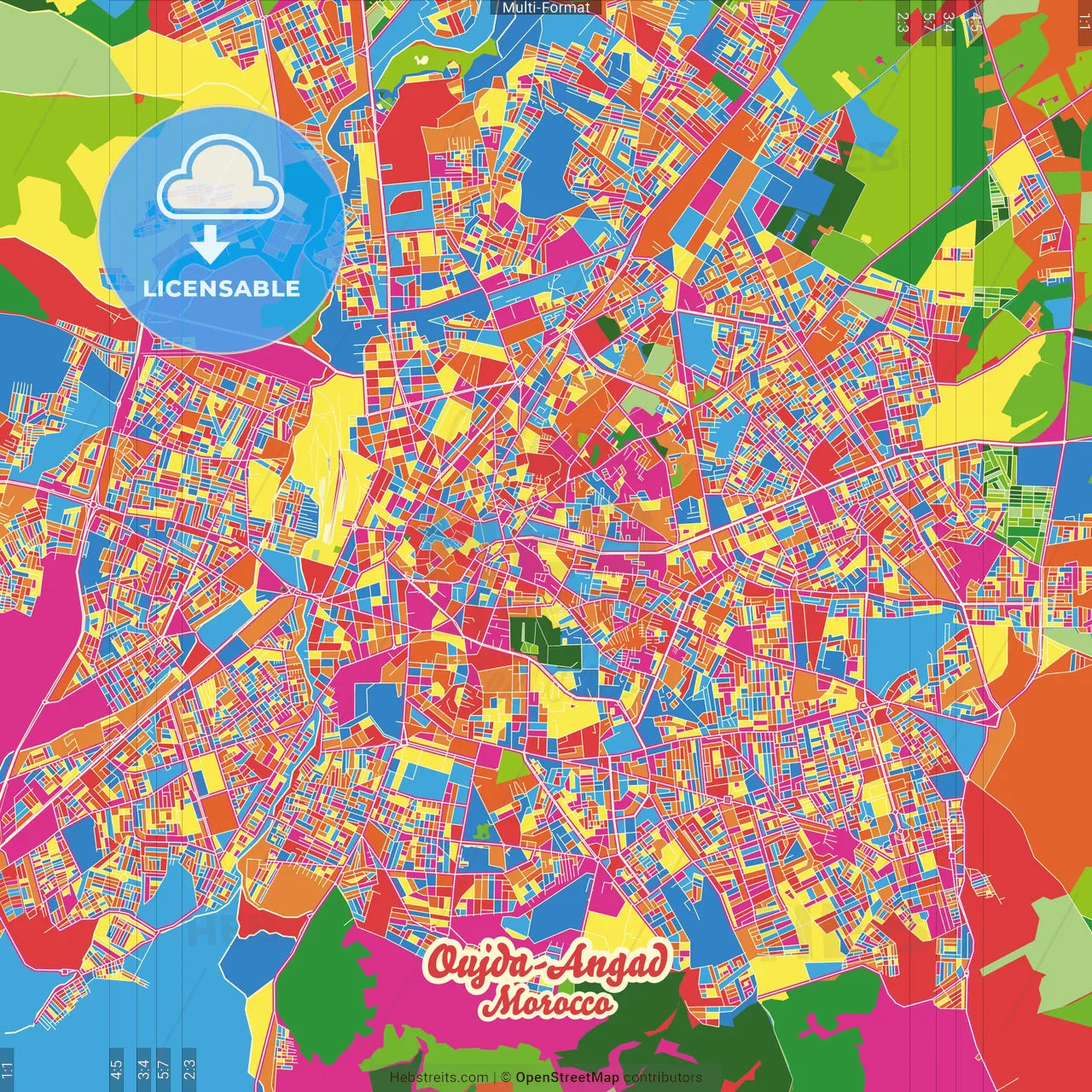 Oujda-Angad, Morocco Crazy Colorful Street Map Poster Template