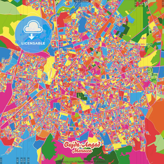 Oujda-Angad, Morocco Crazy Colorful Street Map Poster Template