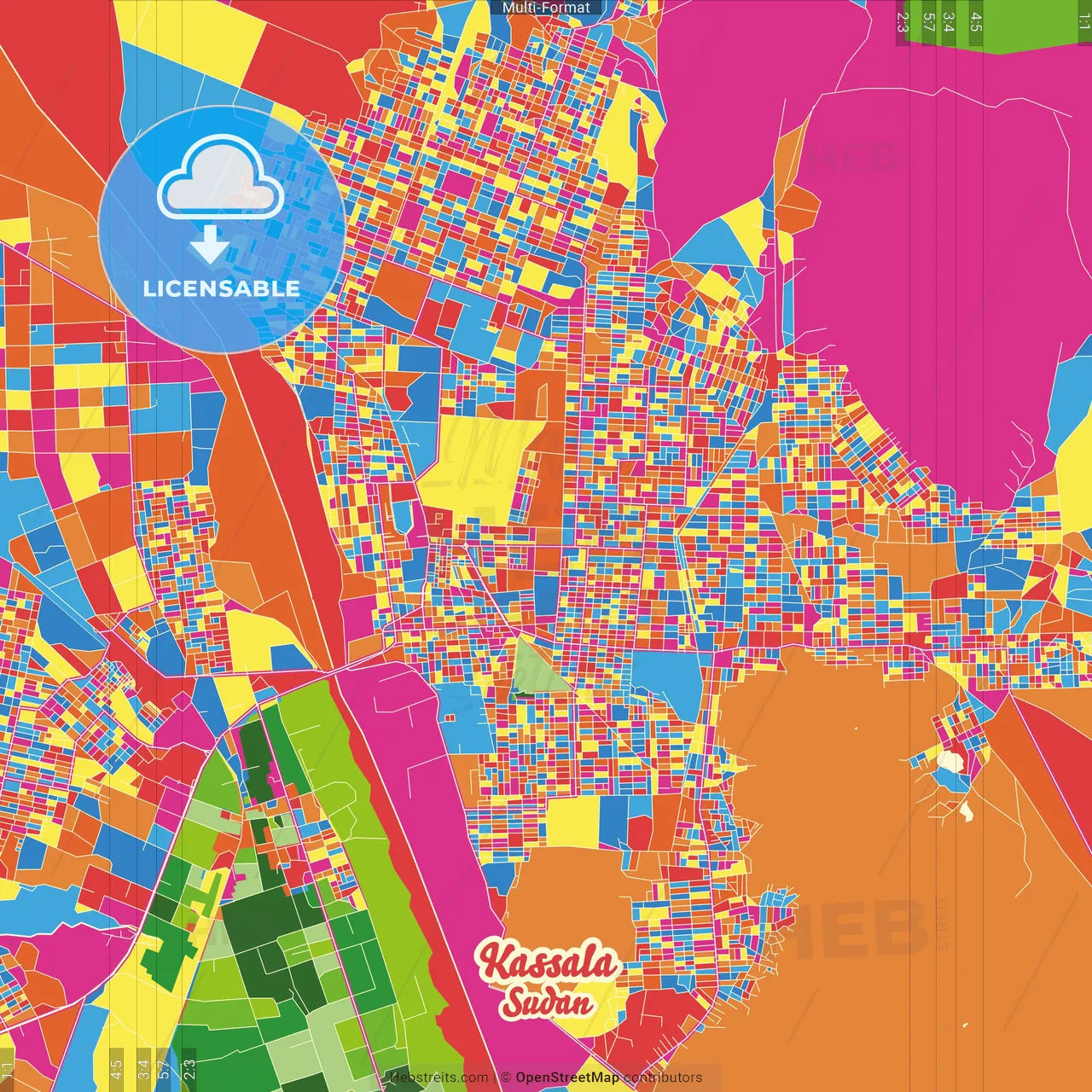 Kassala, Sudan Crazy Colorful Street Map Poster Template