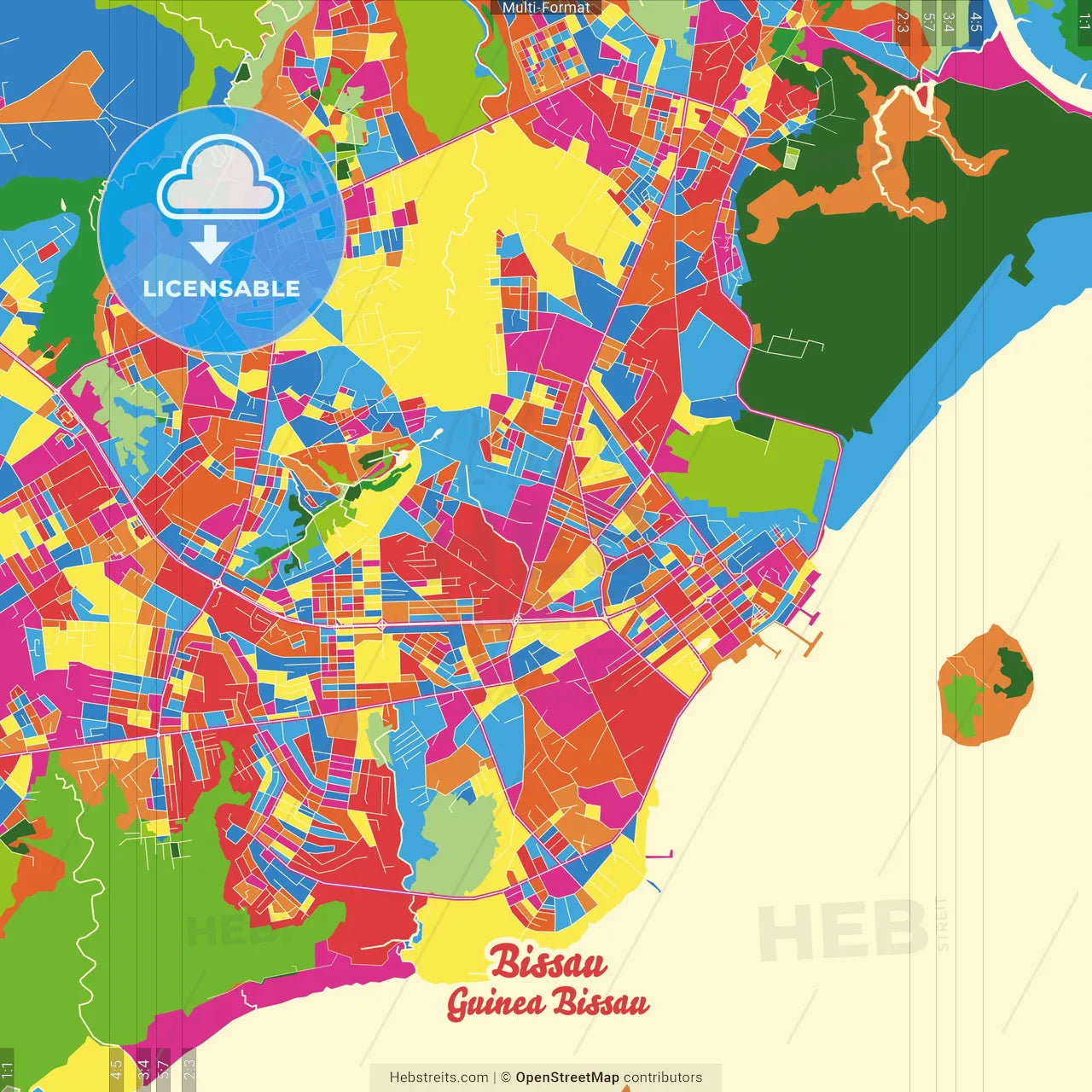 Bissau, Guinea Bissau Crazy Colorful Street Map Poster Template