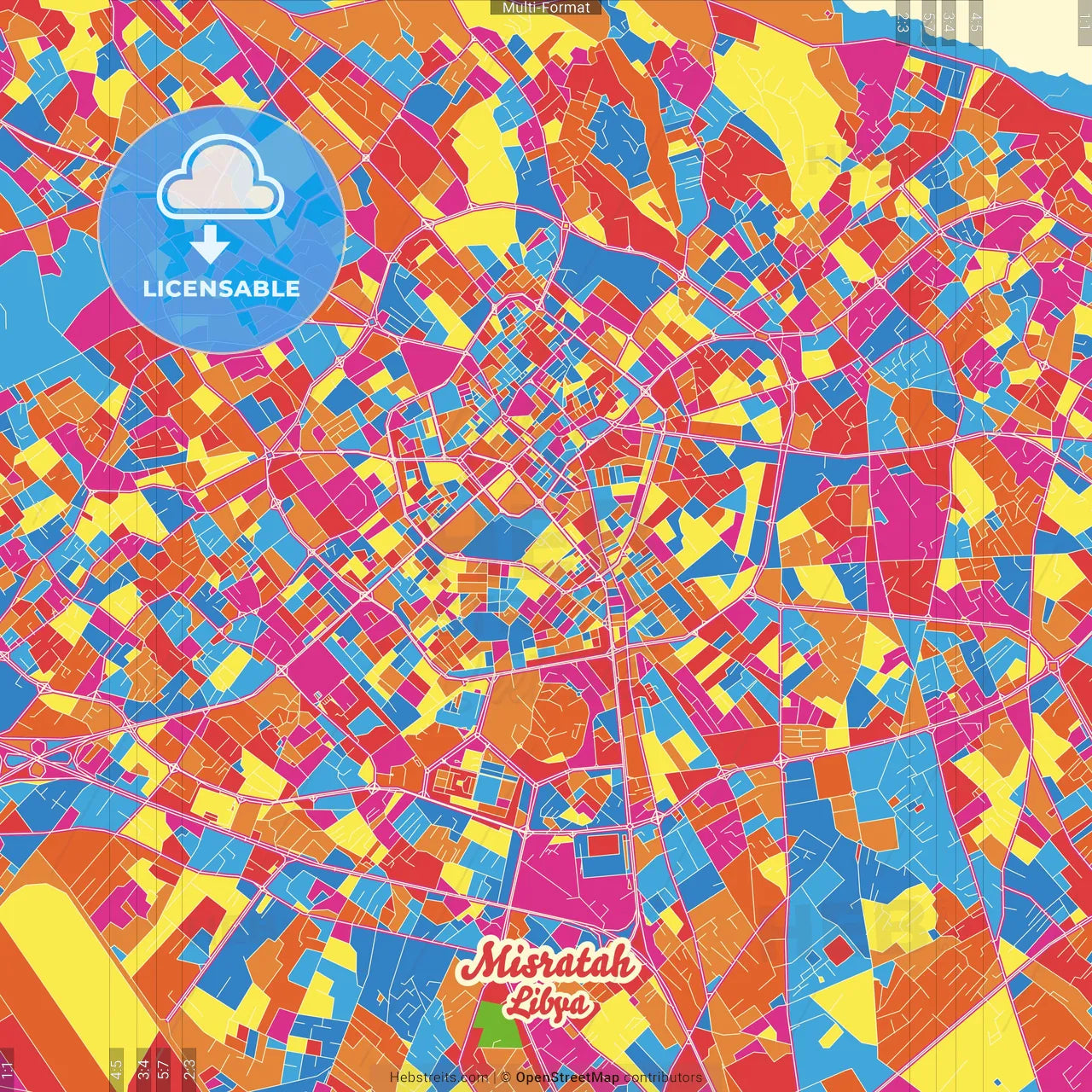 Misratah, Libya Crazy Colorful Street Map Poster Template