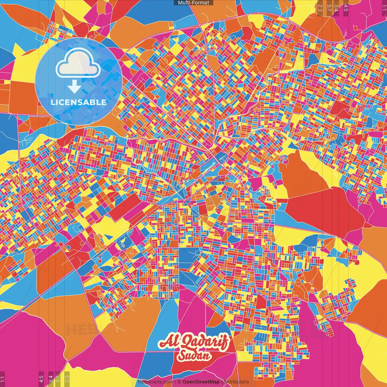 Al Qadarif, Sudan Crazy Colorful Street Map Poster Template