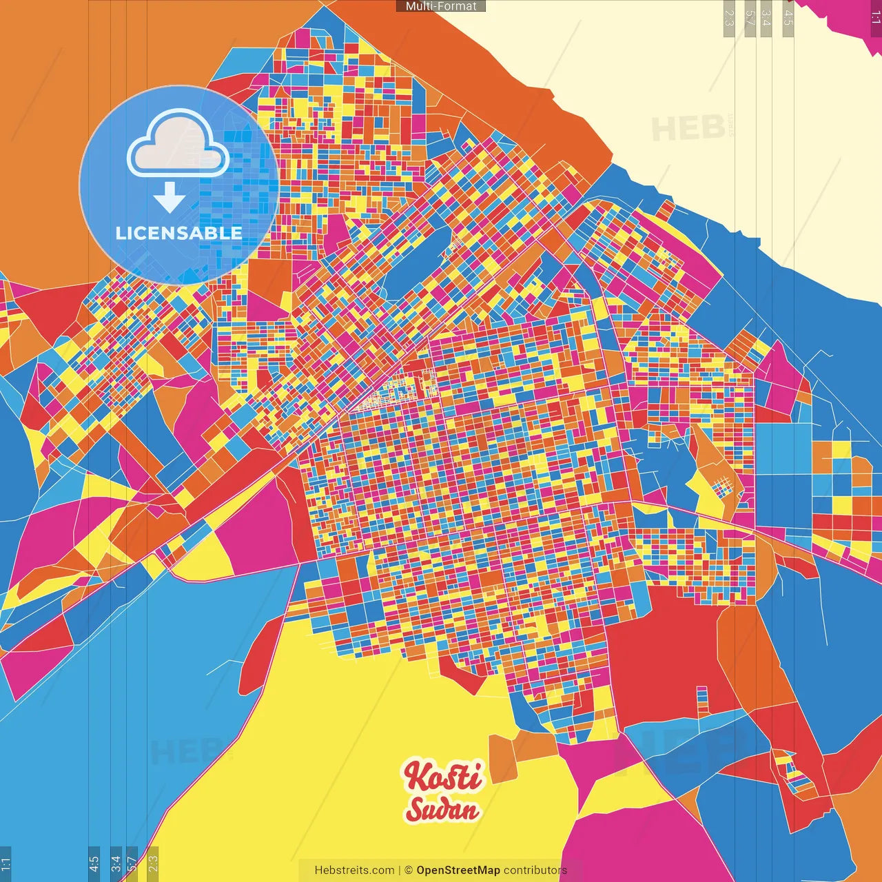 Kosti, Sudan Crazy Colorful Street Map Poster Template