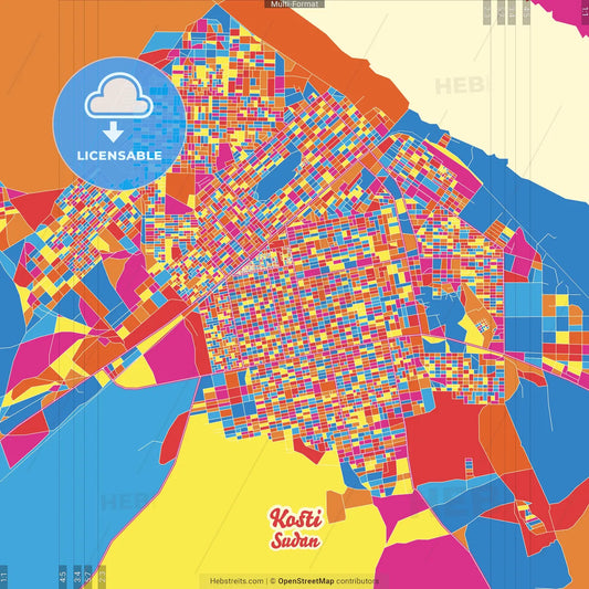 Kosti, Sudan Crazy Colorful Street Map Poster Template