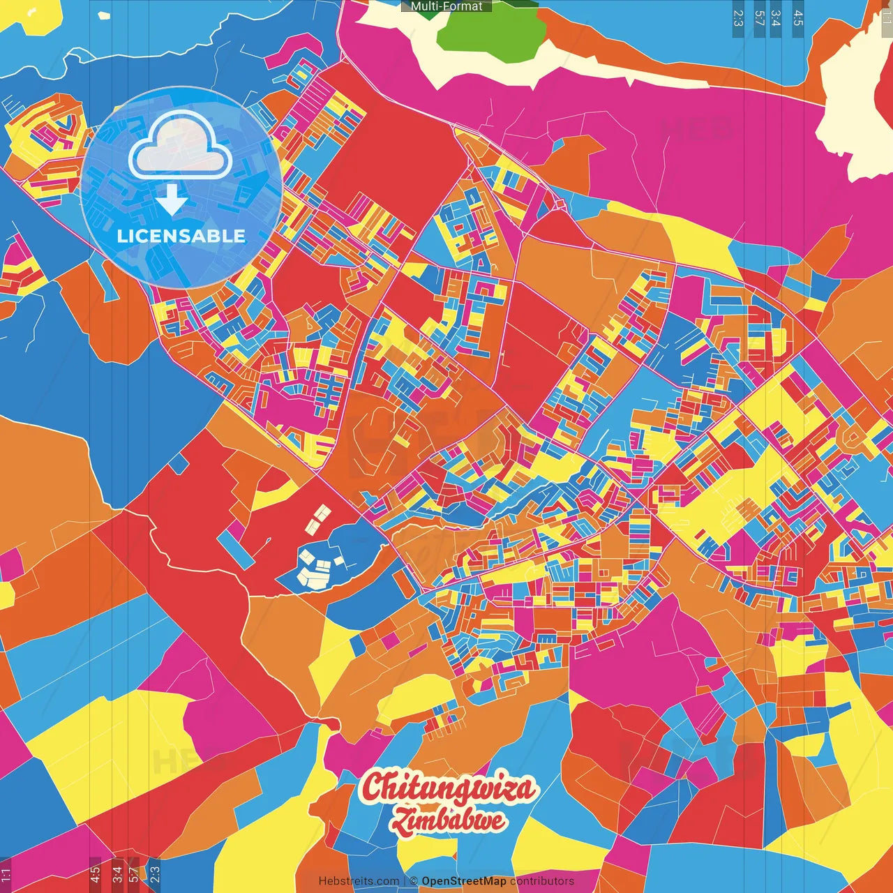 Chitungwiza, Zimbabwe Crazy Colorful Street Map Poster Template