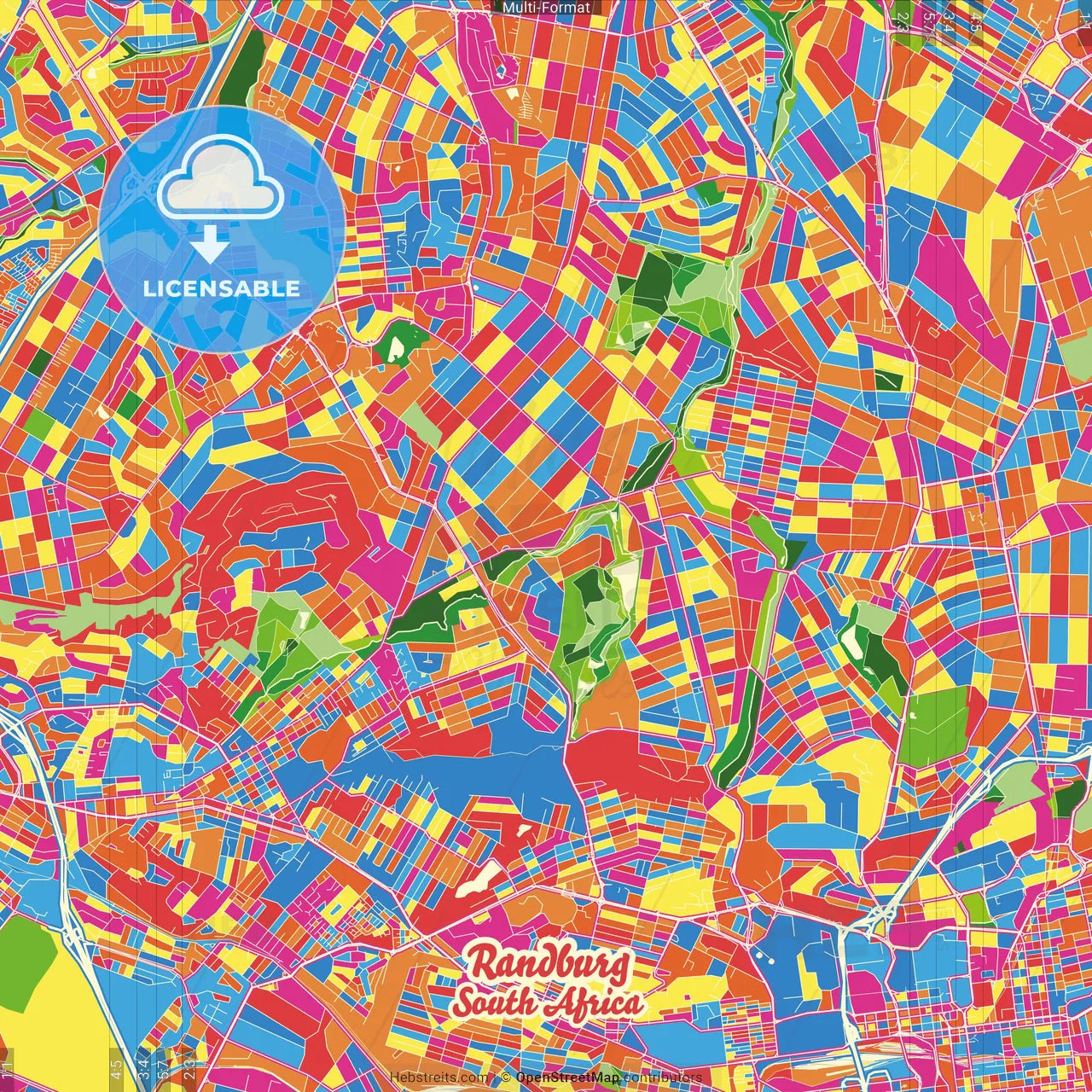 Randburg, South Africa Crazy Colorful Street Map Poster Template