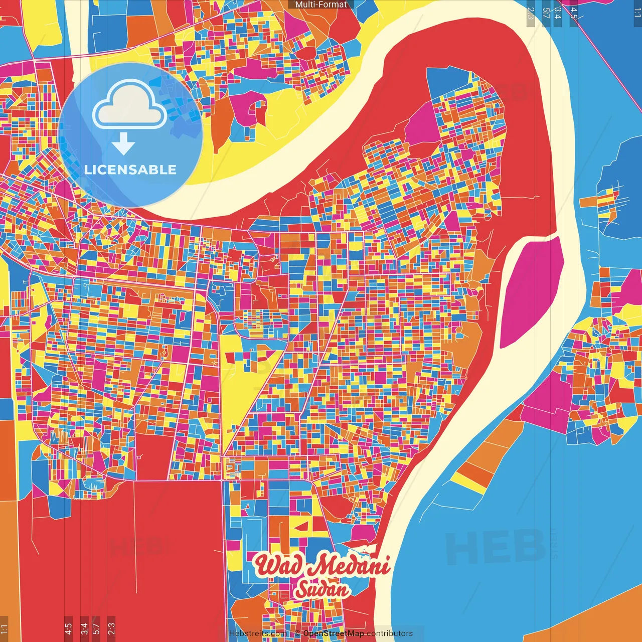 Wad Medani, Sudan Crazy Colorful Street Map Poster Template