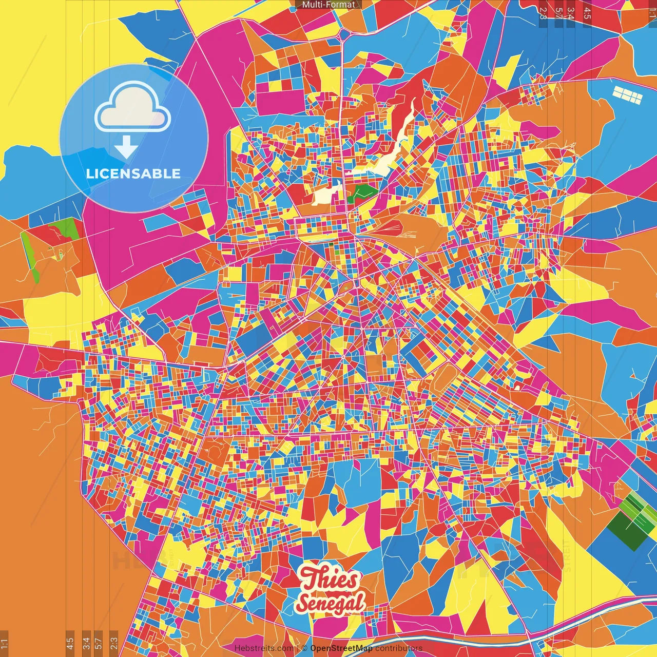 Thies, Senegal Crazy Colorful Street Map Poster Template
