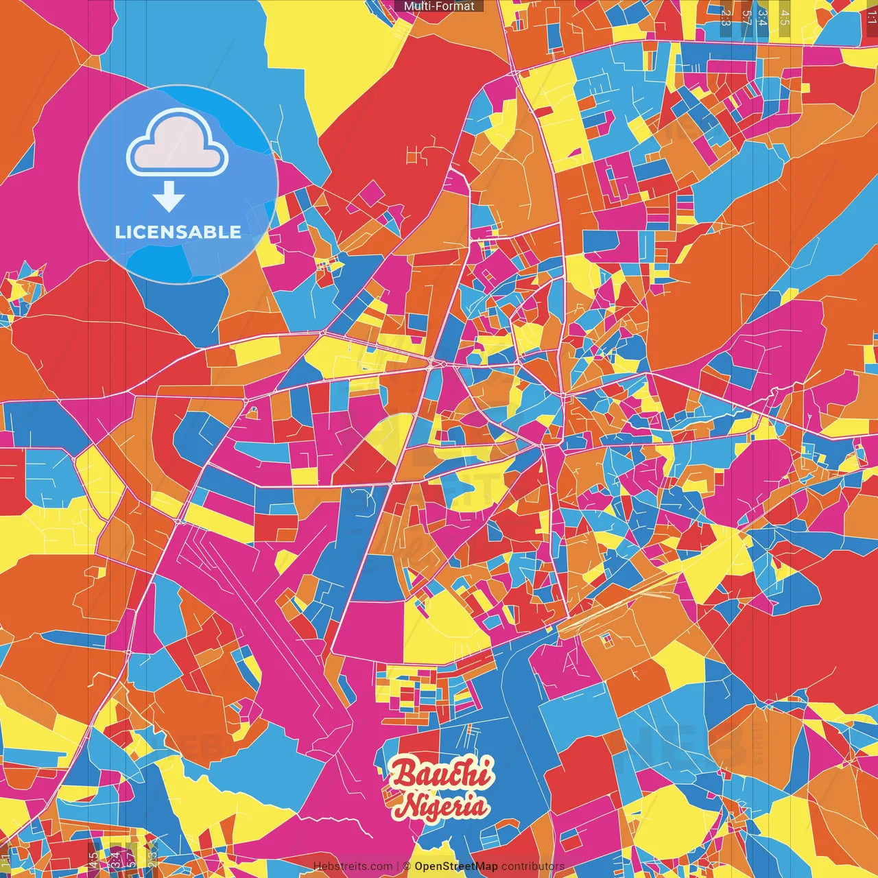 Bauchi, Nigeria Crazy Colorful Street Map Poster Template