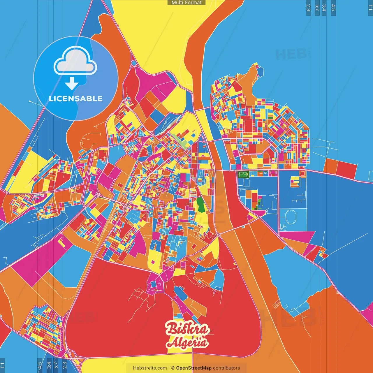 Biskra, Algeria Crazy Colorful Street Map Poster Template