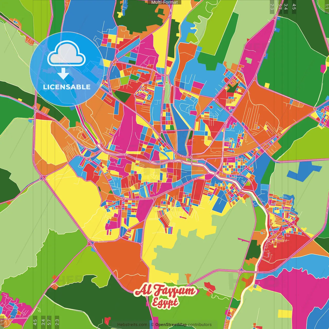 Al Fayyum, Egypt Crazy Colorful Street Map Poster Template