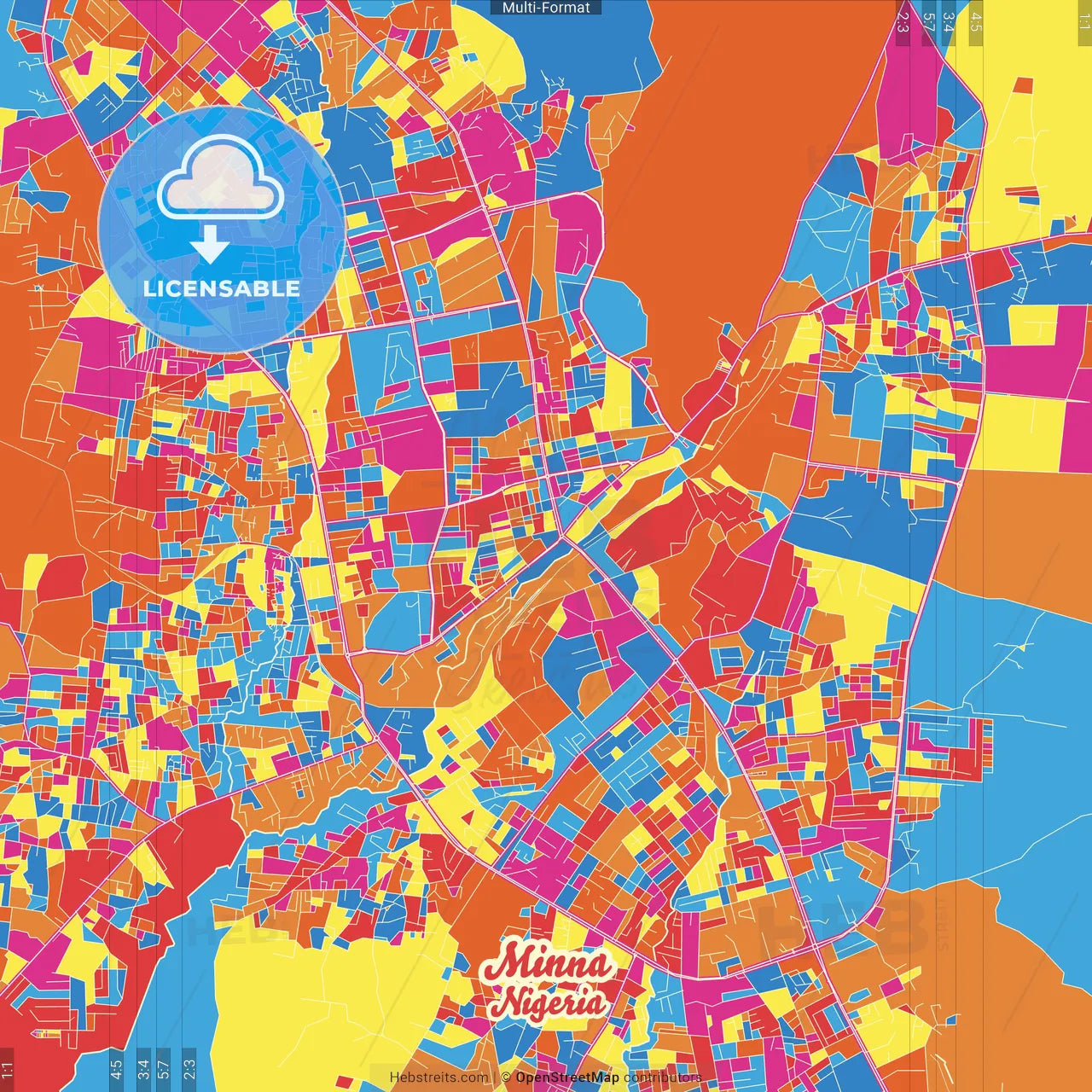 Minna, Nigeria Crazy Colorful Street Map Poster Template