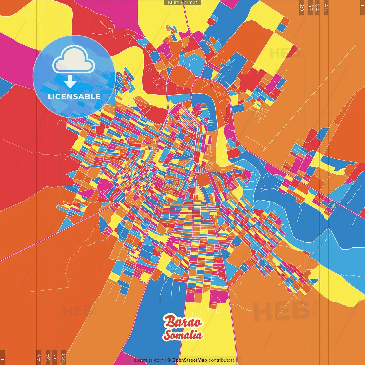 Burao, Somalia Crazy Colorful Street Map Poster Template