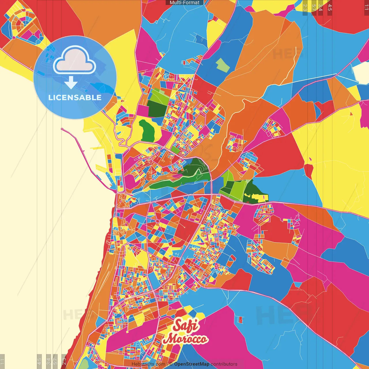 Safi, Morocco Crazy Colorful Street Map Poster Template