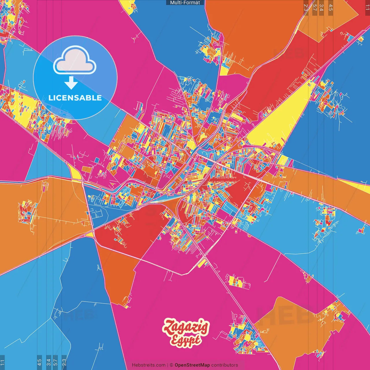 Zagazig, Egypt Crazy Colorful Street Map Poster Template