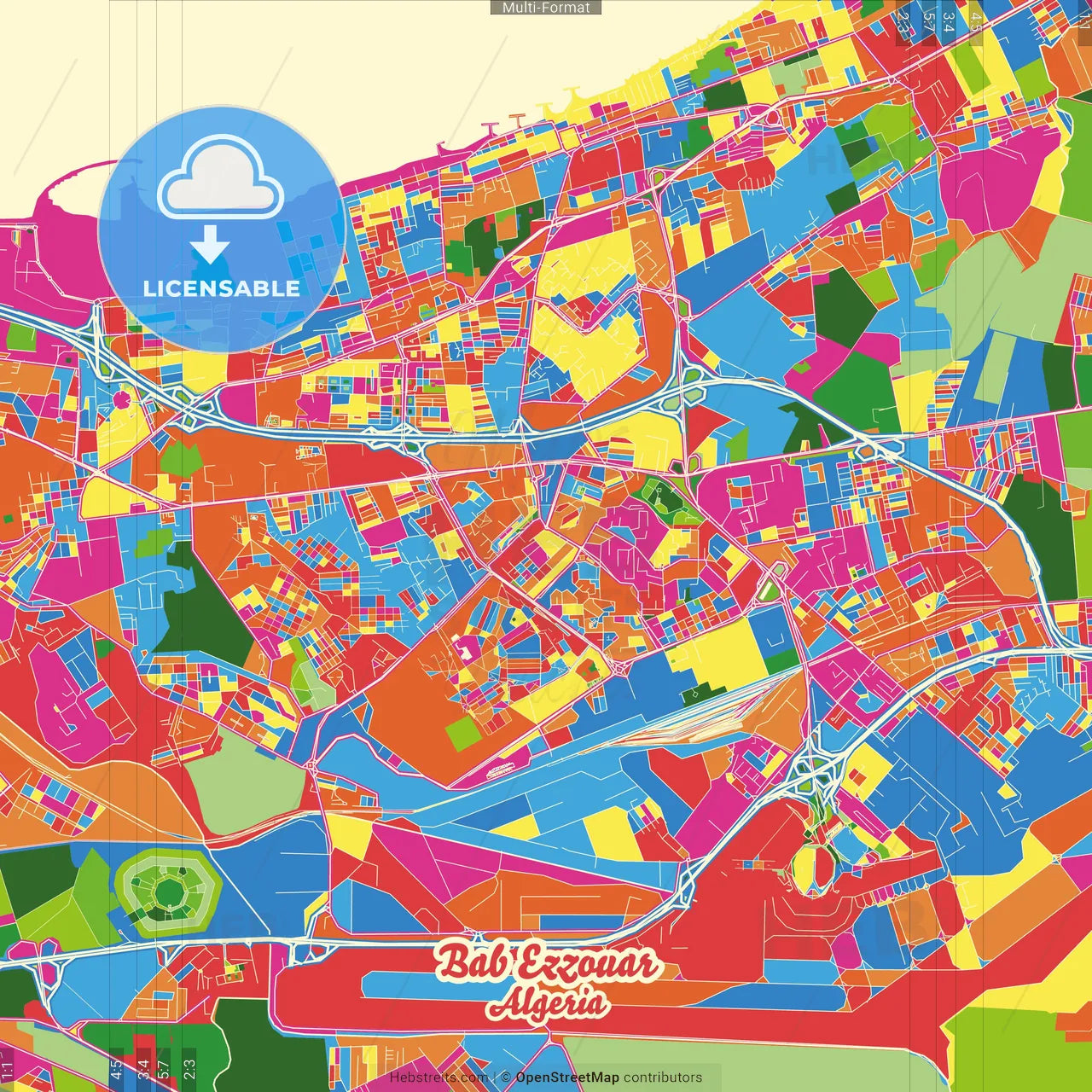 Bab Ezzouar, Algeria Crazy Colorful Street Map Poster Template