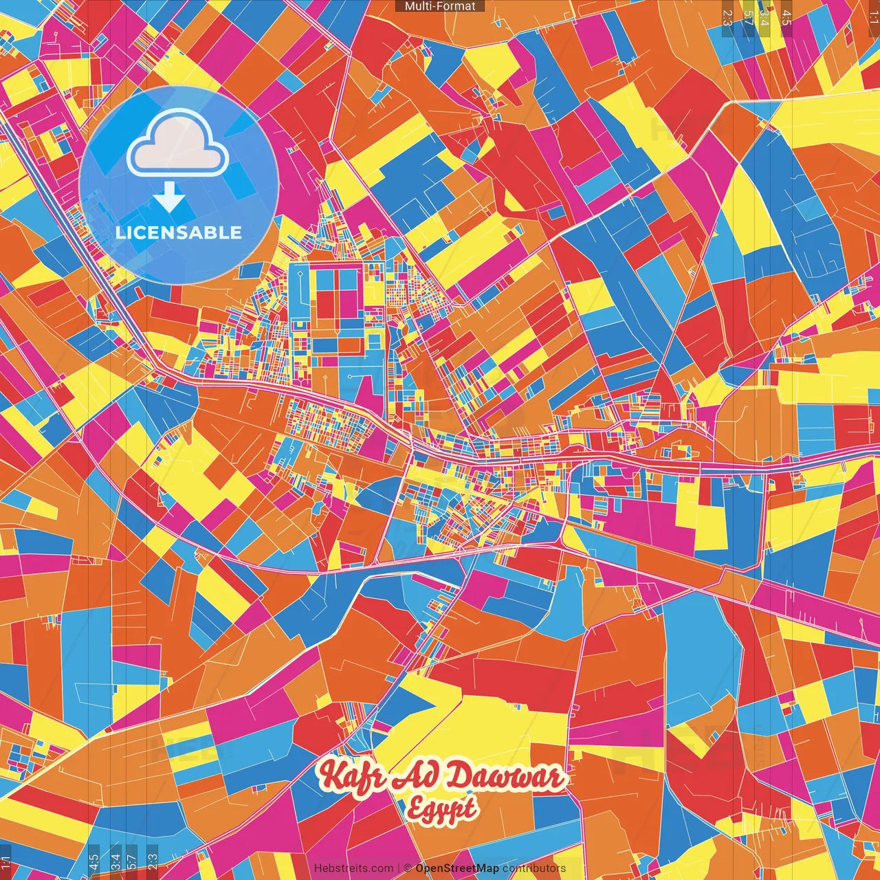 Kafr ad Dawwar, Egypt Crazy Colorful Street Map Poster Template