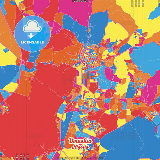 Umuahia, Nigeria Crazy Colorful Street Map Poster Template