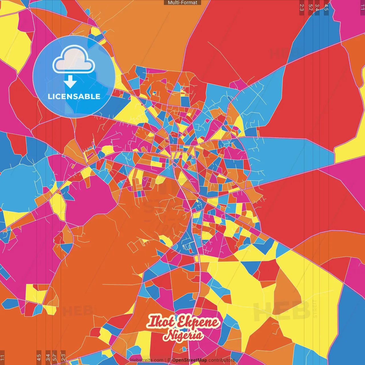 Ikot Ekpene, Nigeria Crazy Colorful Street Map Poster Template