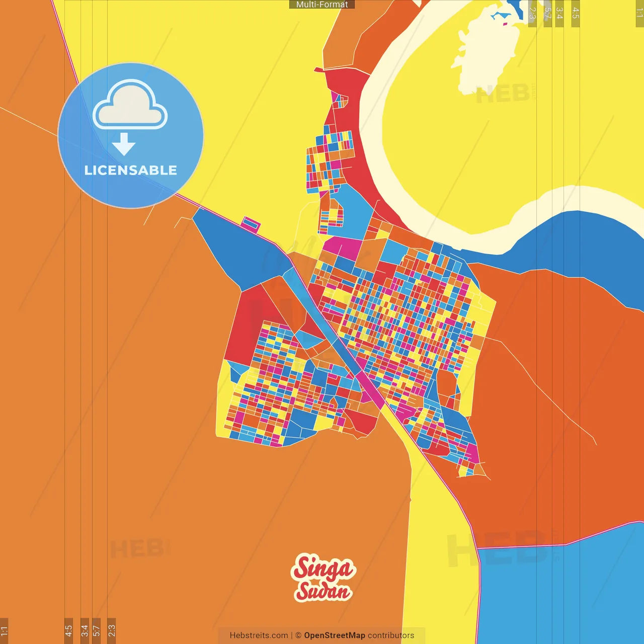 Singa, Sudan Crazy Colorful Street Map Poster Template