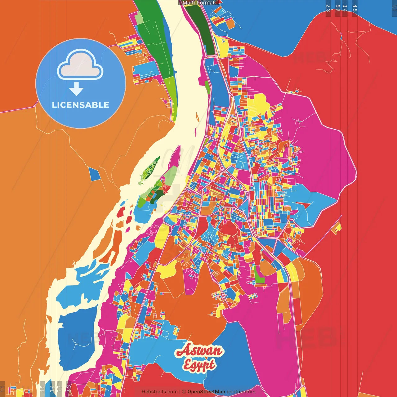 Aswan, Egypt Crazy Colorful Street Map Poster Template
