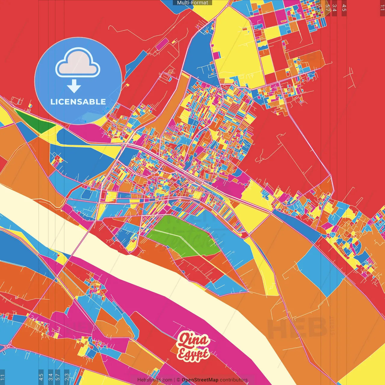 Qina, Egypt Crazy Colorful Street Map Poster Template