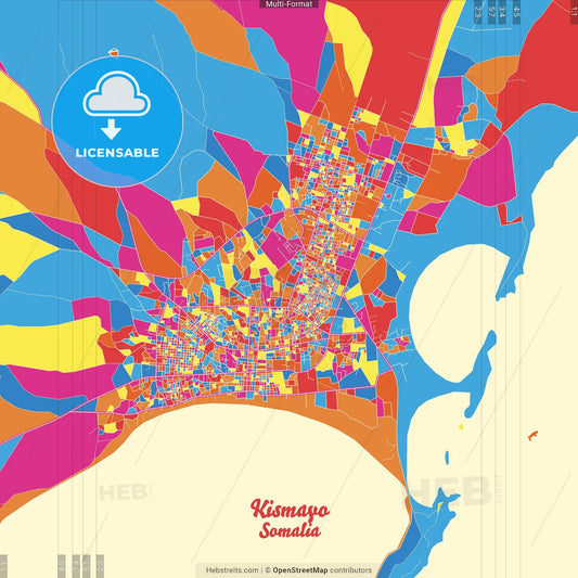 Kismayo, Somalia Crazy Colorful Street Map Poster Template