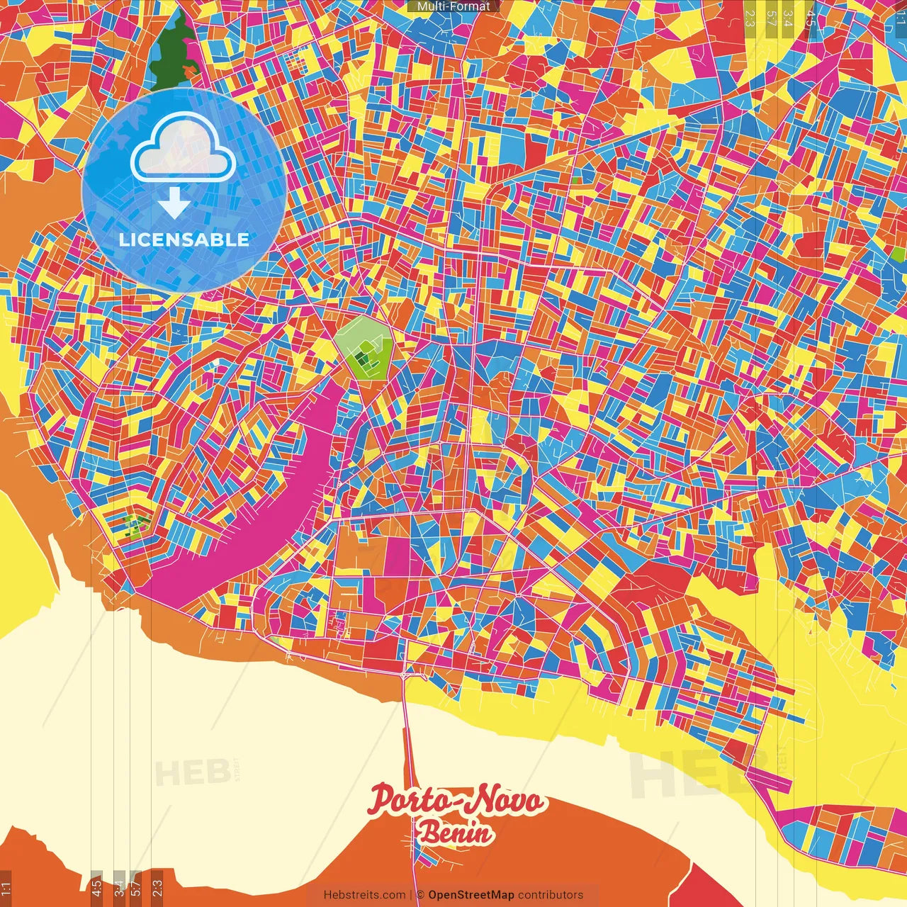 Porto-Novo, Benin Crazy Colorful Street Map Poster Template