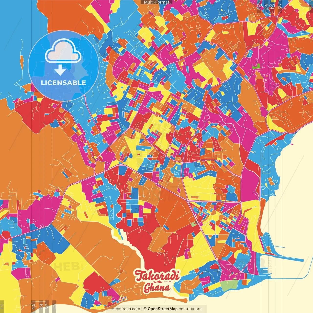 Takoradi, Ghana Crazy Colorful Street Map Poster Template