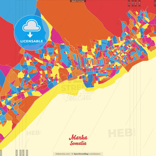 Marka, Somalia Crazy Colorful Street Map Poster Template