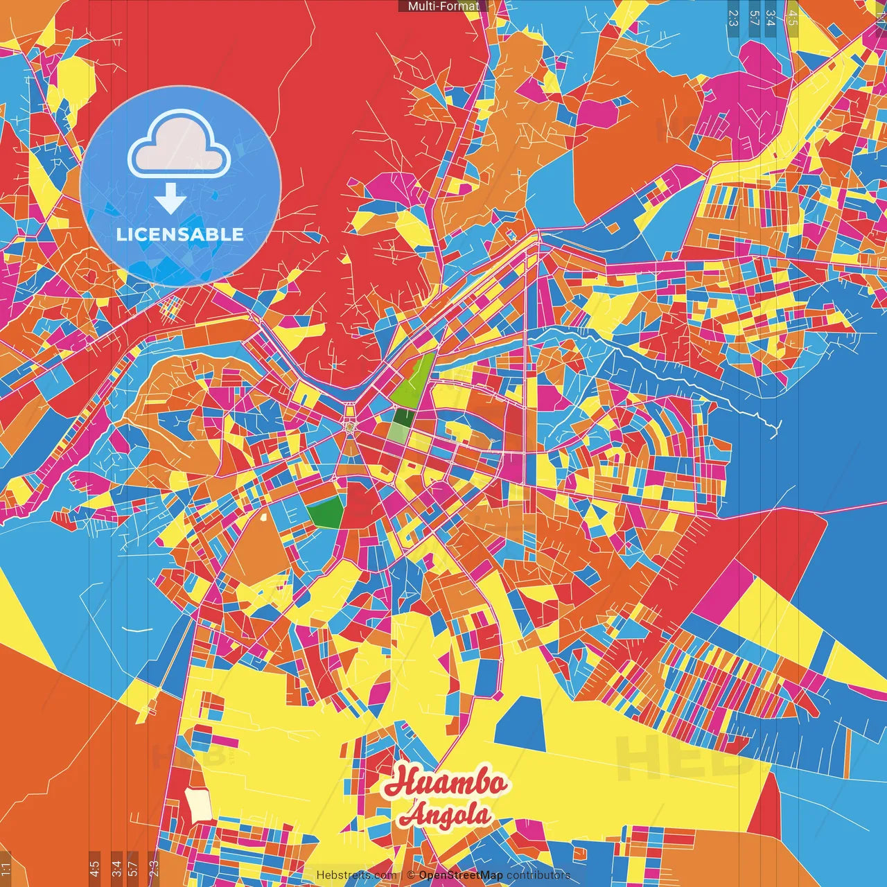 Huambo, Angola Crazy Colorful Street Map Poster Template