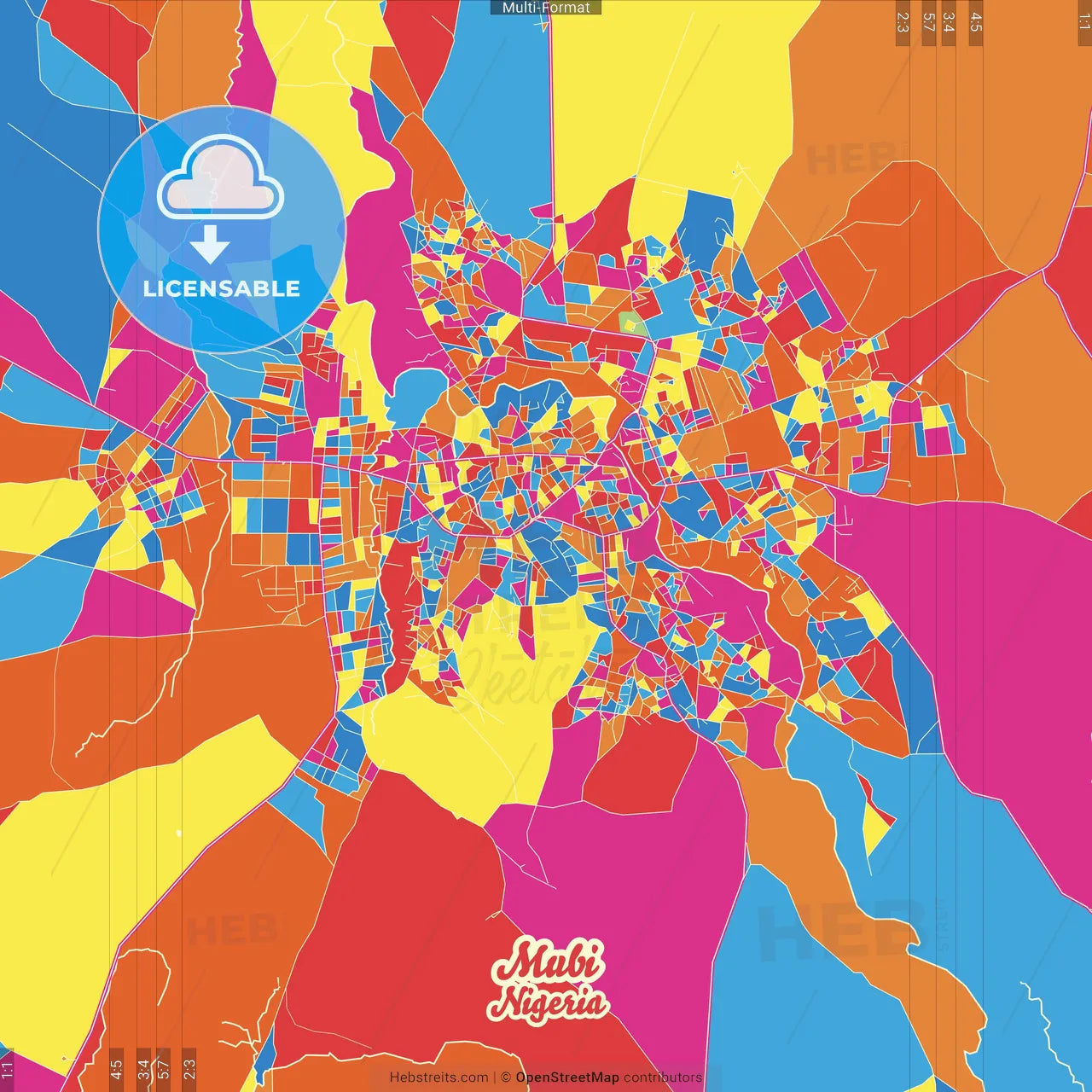 Mubi, Nigeria Crazy Colorful Street Map Poster Template