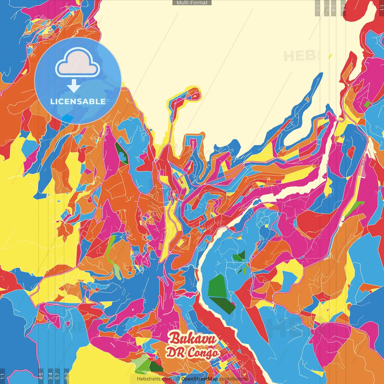 Bukavu, DR Congo Crazy Colorful Street Map Poster Template