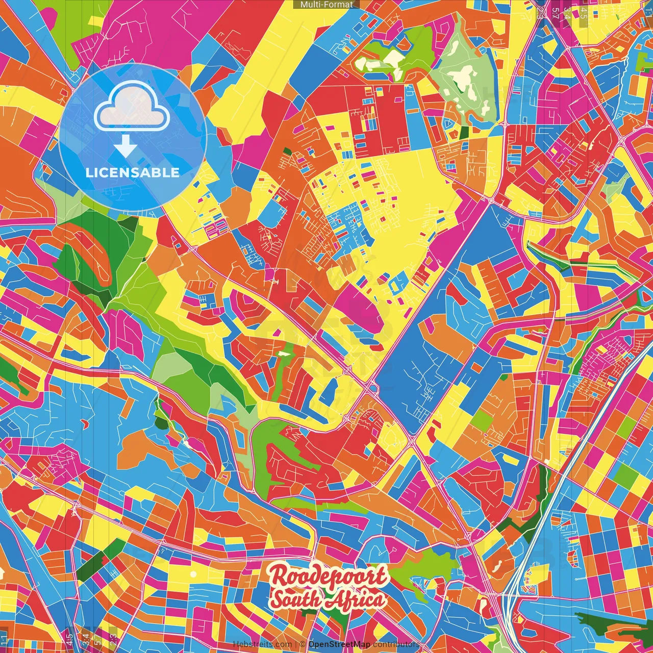 Roodepoort, South Africa Crazy Colorful Street Map Poster Template