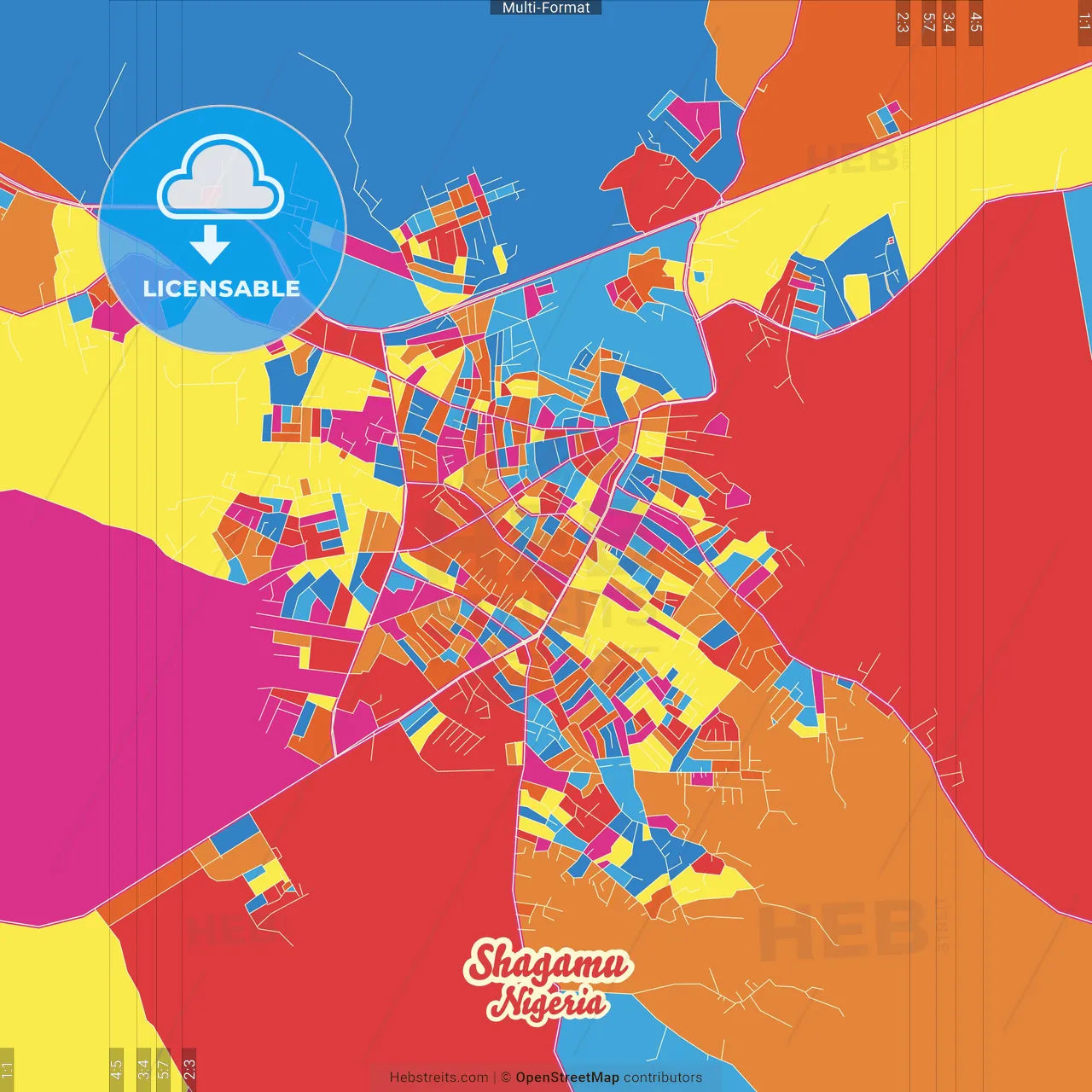 Shagamu, Nigeria Crazy Colorful Street Map Poster Template