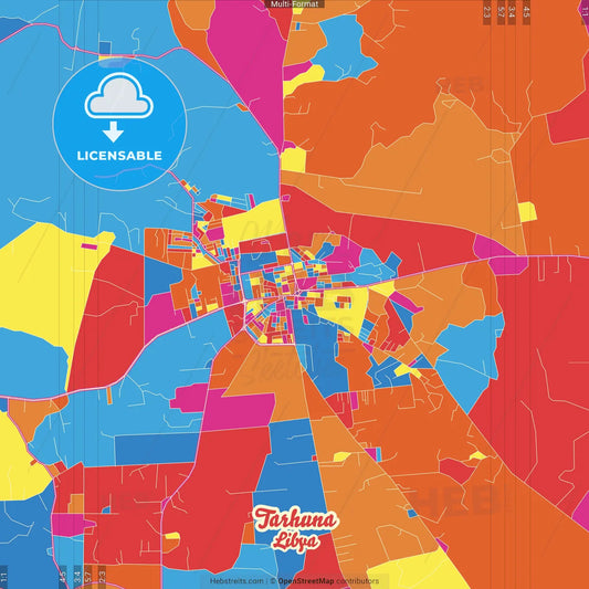 Tarhuna, Libya Crazy Colorful Street Map Poster Template