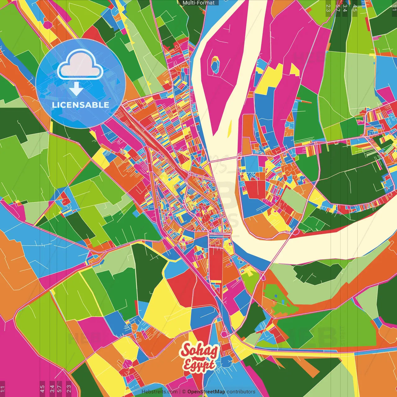 Sohag, Egypt Crazy Colorful Street Map Poster Template