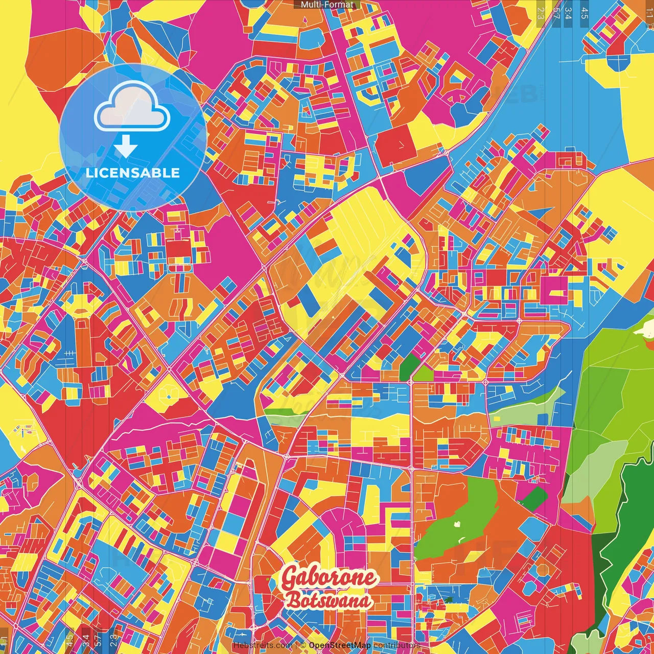 Gaborone, Botswana Crazy Colorful Street Map Poster Template