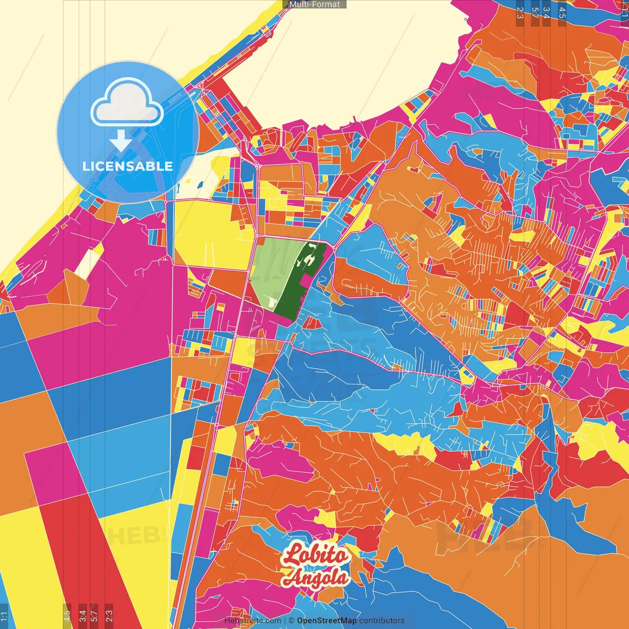 Lobito, Angola Crazy Colorful Street Map Poster Template