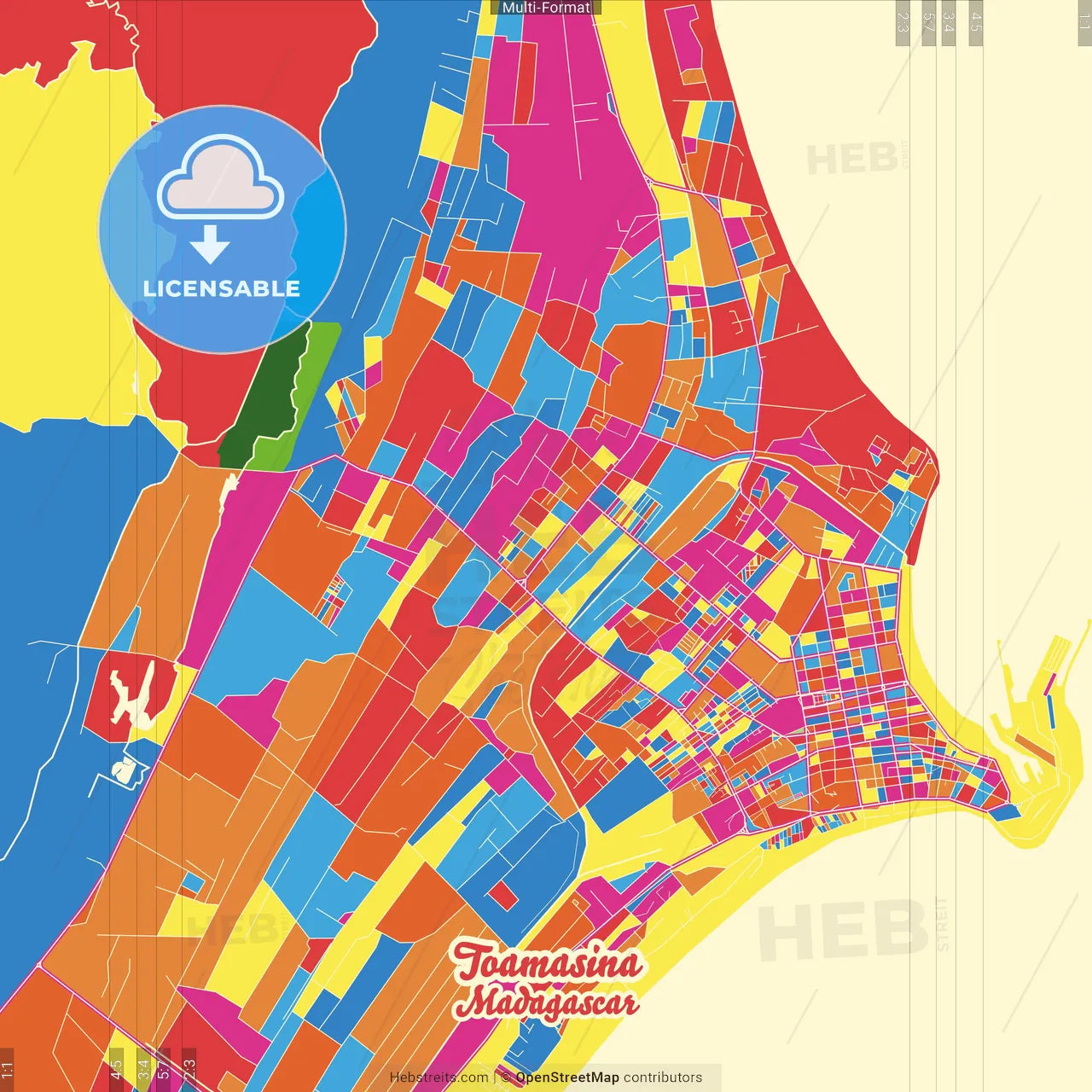 Toamasina, Madagascar Crazy Colorful Street Map Poster Template