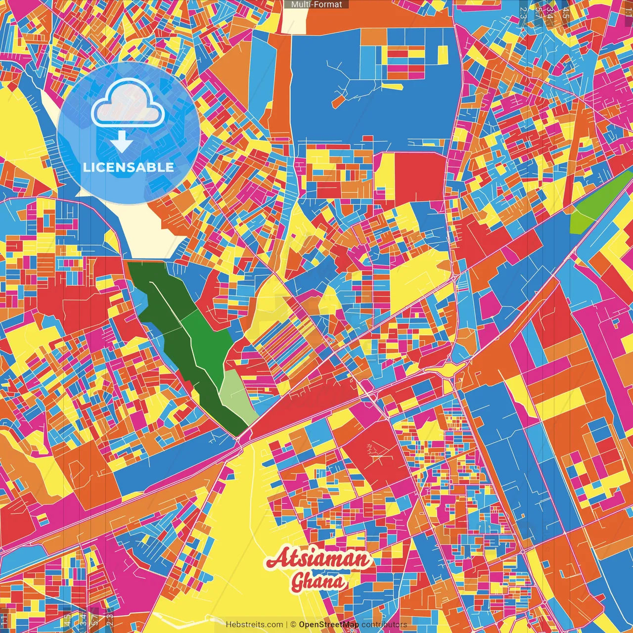 Atsiaman, Ghana Crazy Colorful Street Map Poster Template