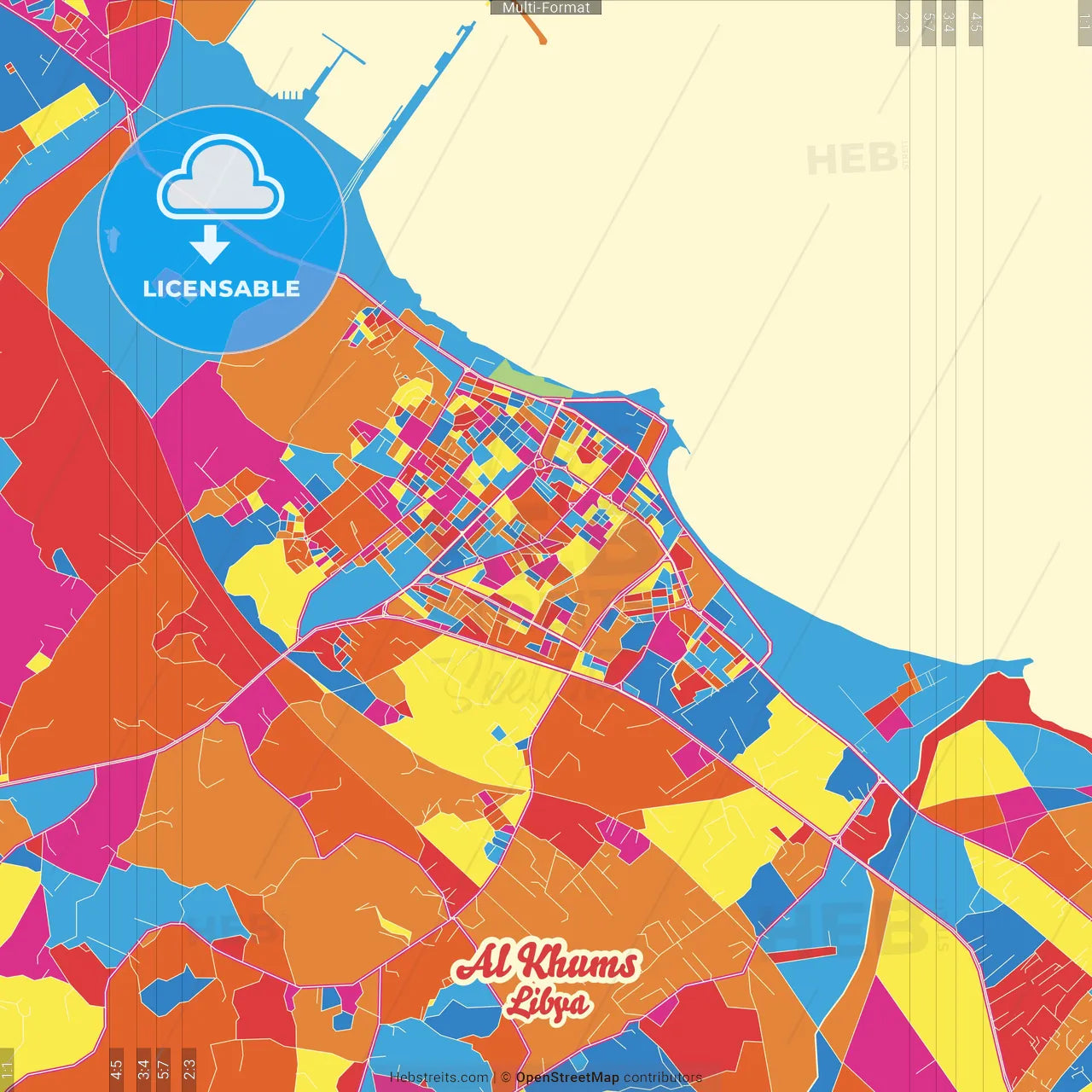 Al Khums, Libya Crazy Colorful Street Map Poster Template