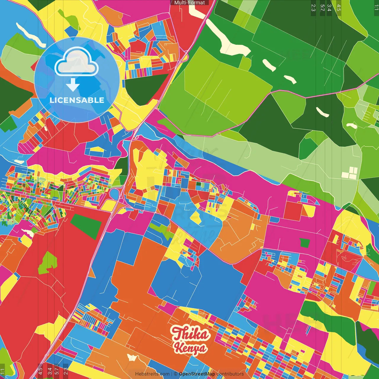 Thika, Kenya Crazy Colorful Street Map Poster Template