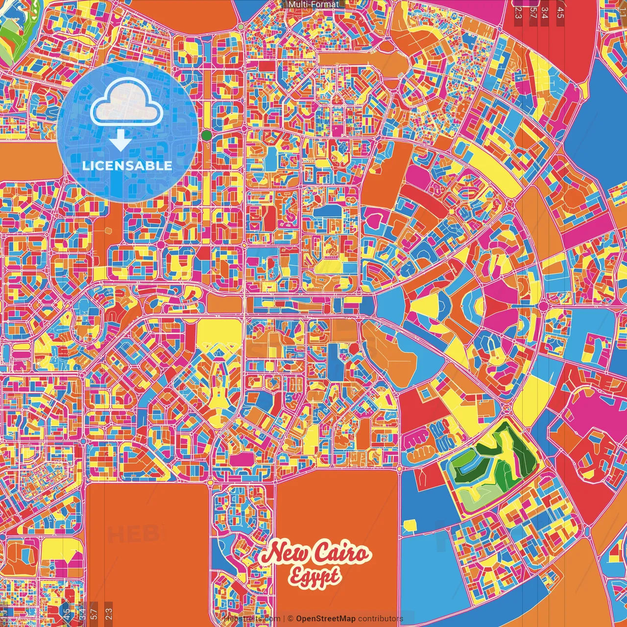 New Cairo, Egypt Crazy Colorful Street Map Poster Template